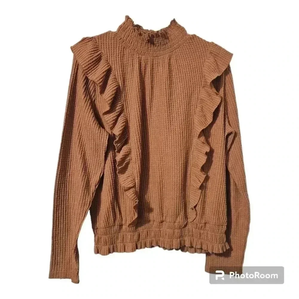 Ruffled High-Neck Women’s Sweater in Warm Brown